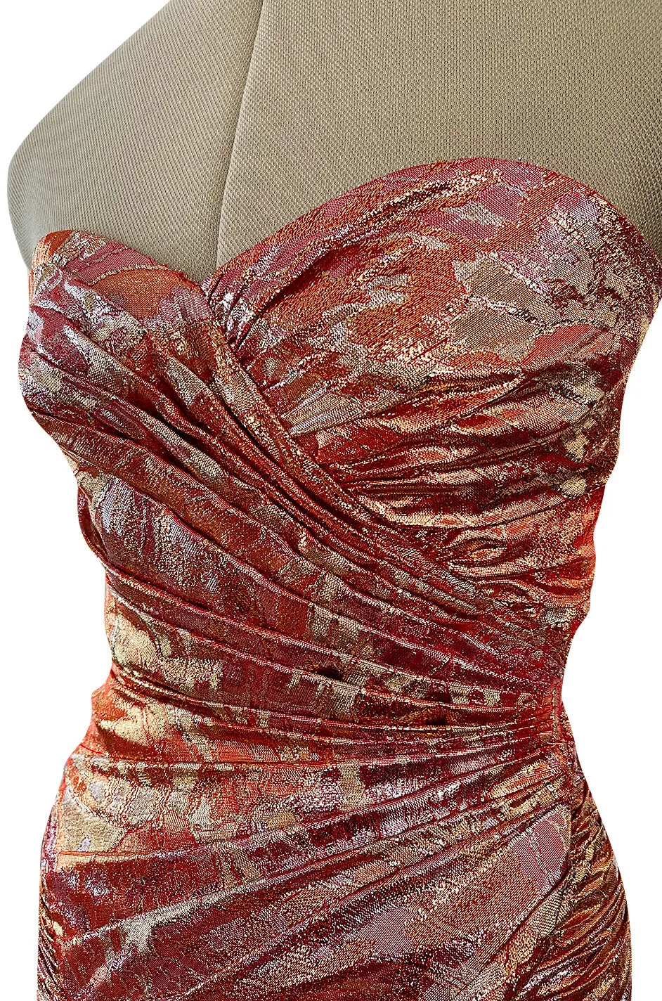 Fall 1988 Emanuel Ungaro Strapless Metallic Gold & Coral Dress w Flirty Ruffled Skirt