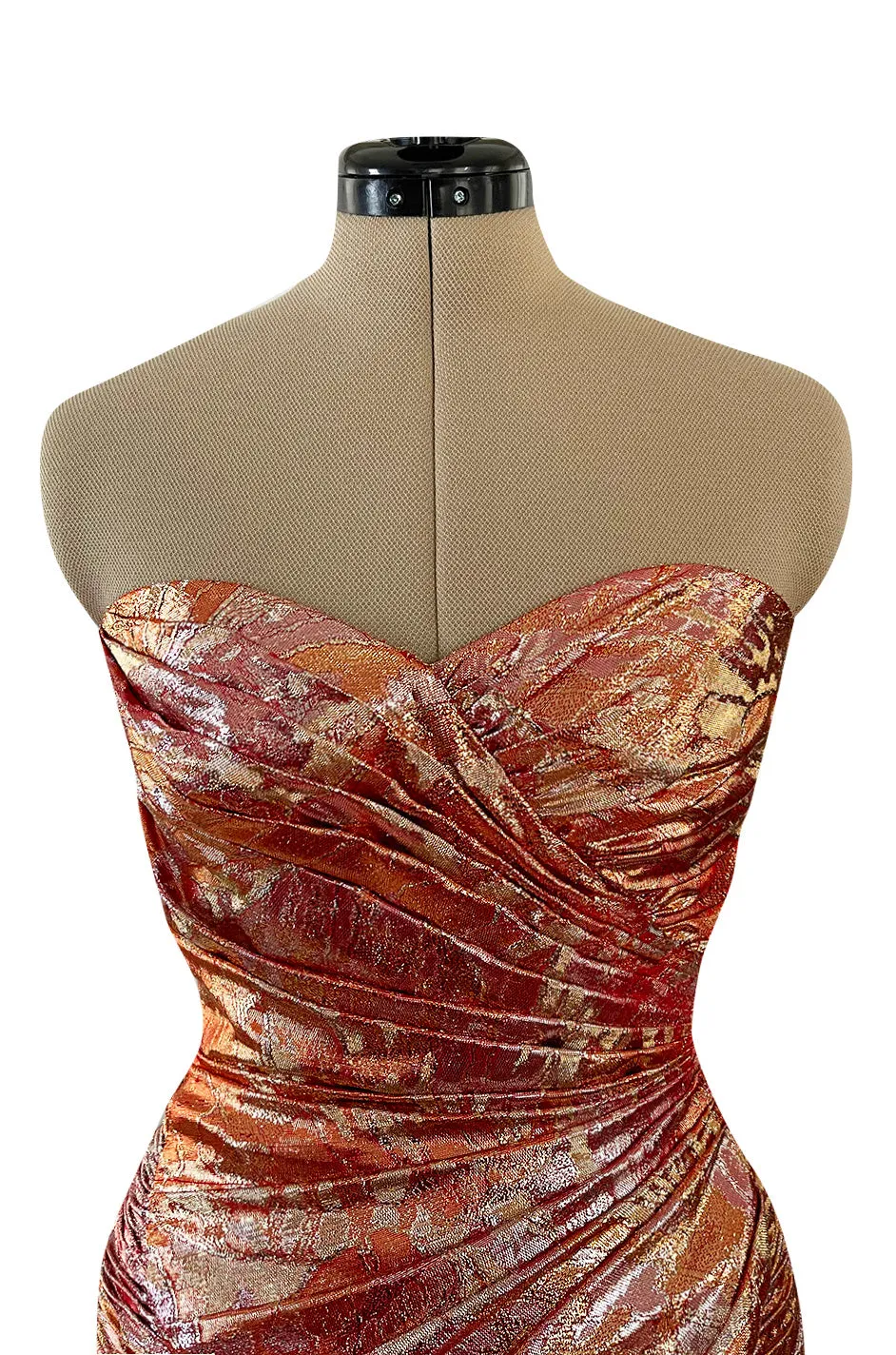 Fall 1988 Emanuel Ungaro Strapless Metallic Gold & Coral Dress w Flirty Ruffled Skirt