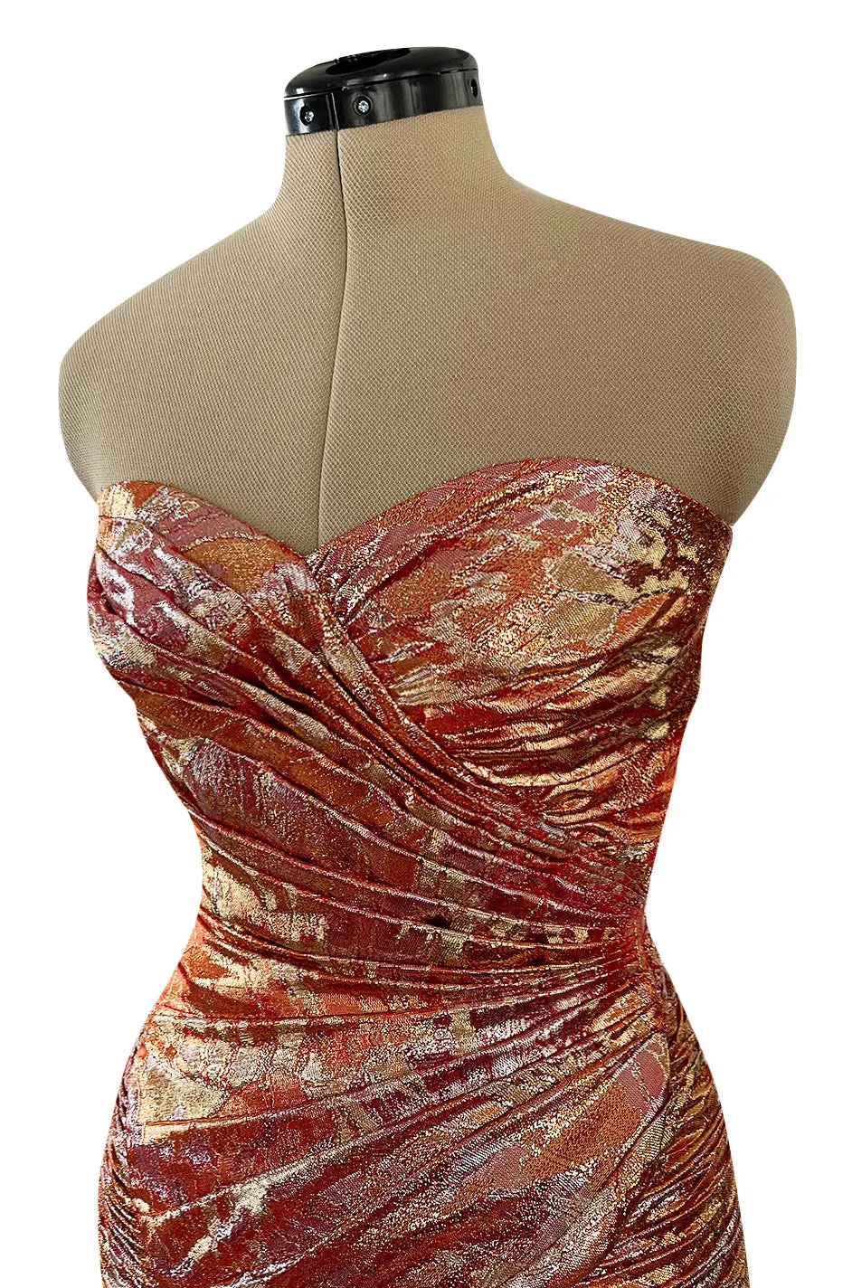 Fall 1988 Emanuel Ungaro Strapless Metallic Gold & Coral Dress w Flirty Ruffled Skirt