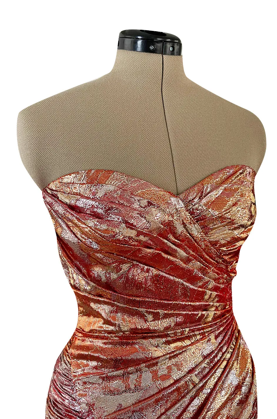 Fall 1988 Emanuel Ungaro Strapless Metallic Gold & Coral Dress w Flirty Ruffled Skirt