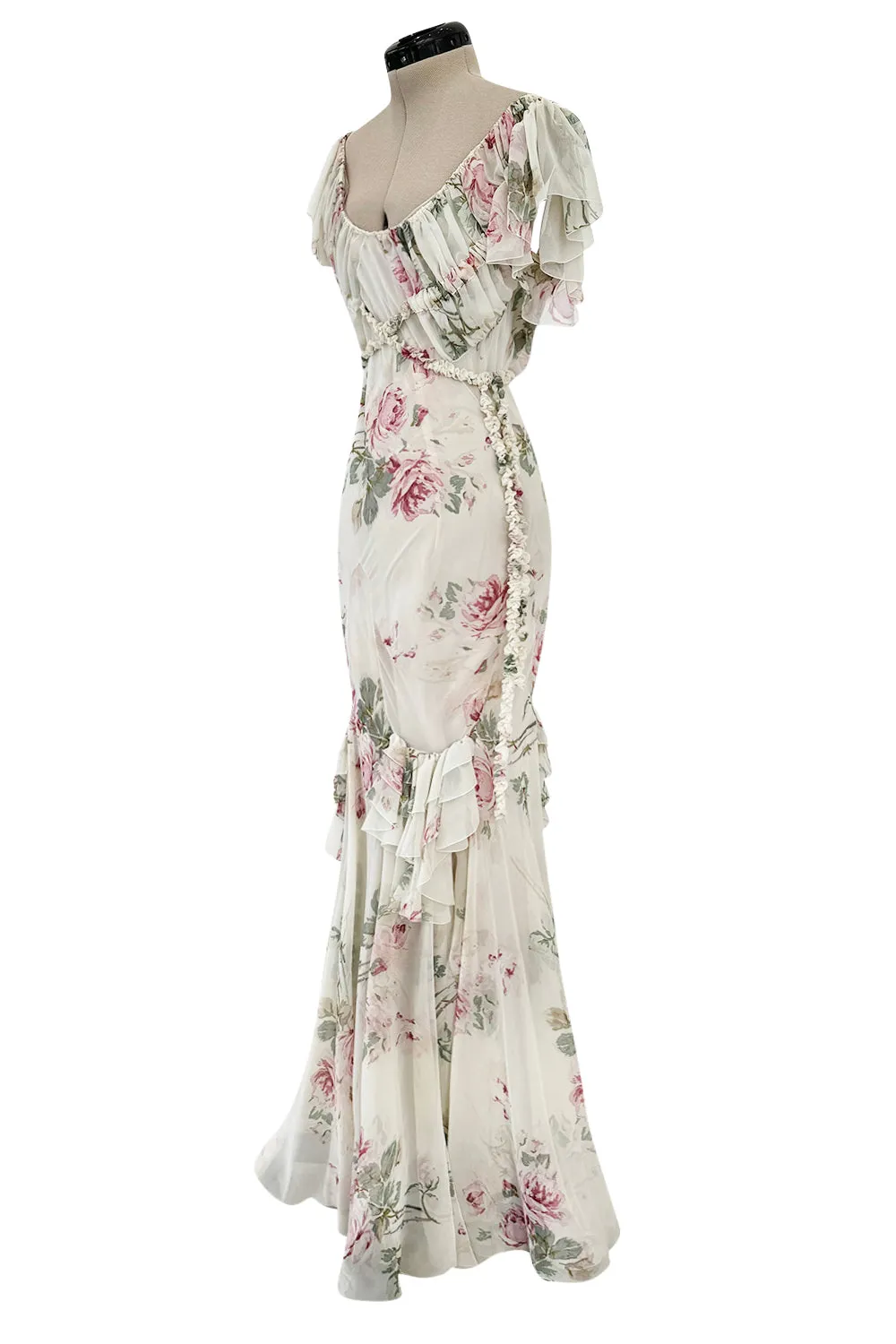 Fall 2001 John Galliano Runway Bias Cut Silk Chiffon Romantic Floral Dress
