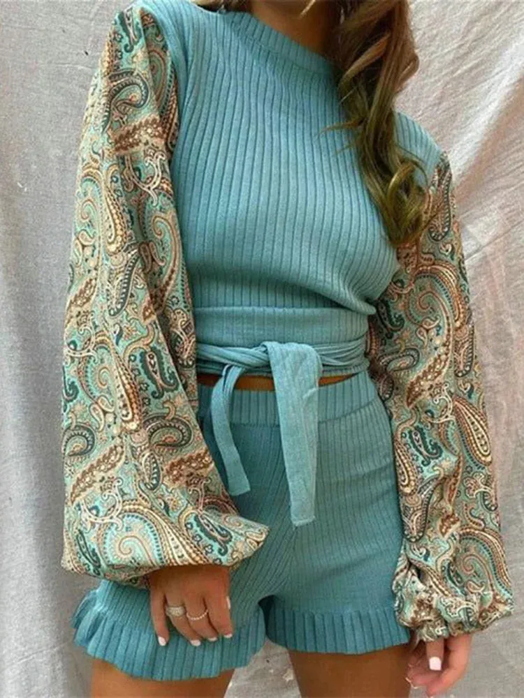 Fashion Floral Printed Puff Sleeves Split-Joint Stand Collar Blouses&Shirts Tops