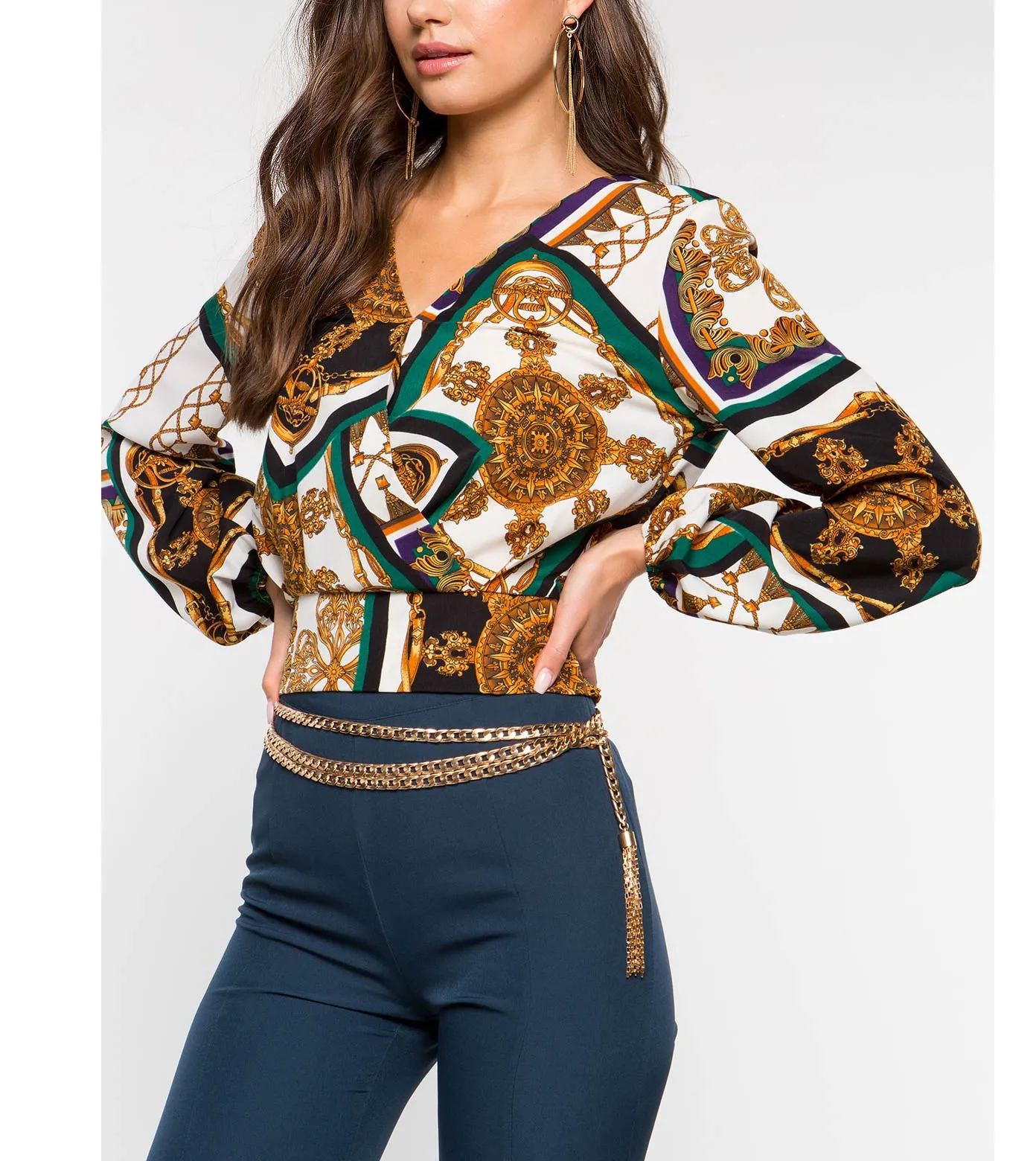 Fashion Long Sleeve Printed Crop Top