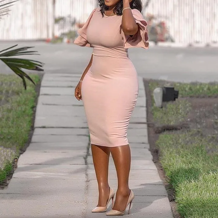 Fashion Solid Color Ruffled Bodycon Dress