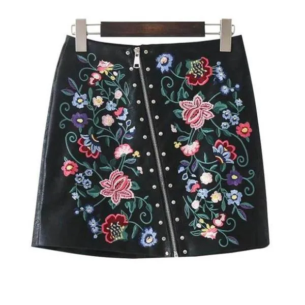 Floral Embroidery Rivet PU Leather Mini Skirts