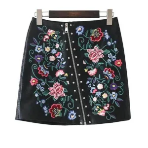 Floral Embroidery Rivet PU Leather Mini Skirts