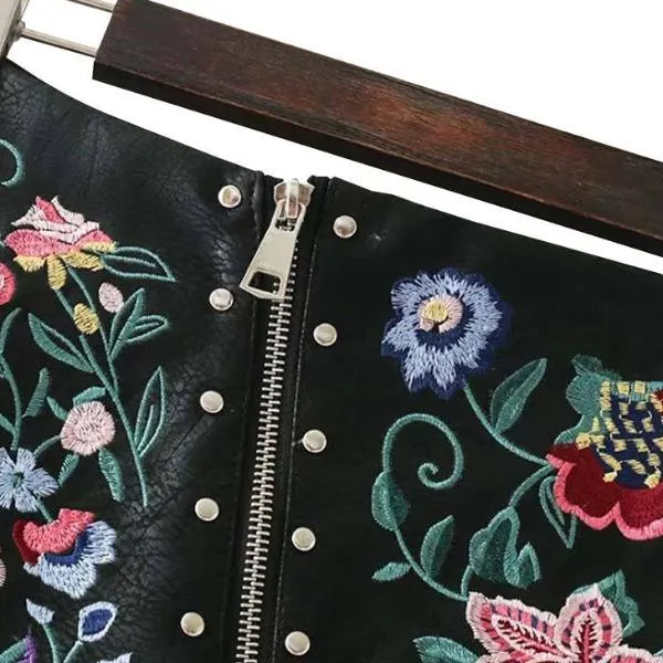 Floral Embroidery Rivet PU Leather Mini Skirts