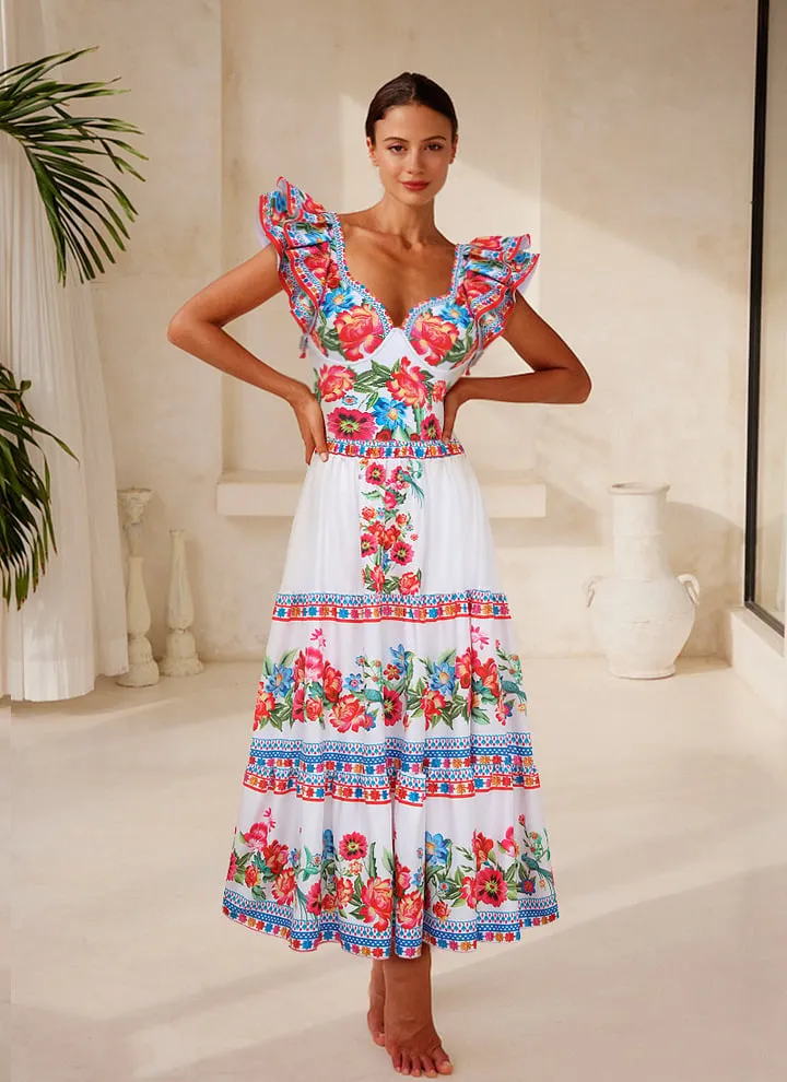 Floral printed ruffled one-piece And Sarong Swimsuit Set - As shown / S