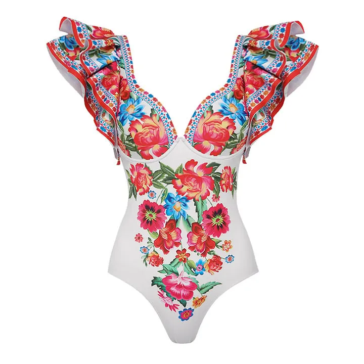 Floral printed ruffled one-piece And Sarong Swimsuit Set - As shown / S
