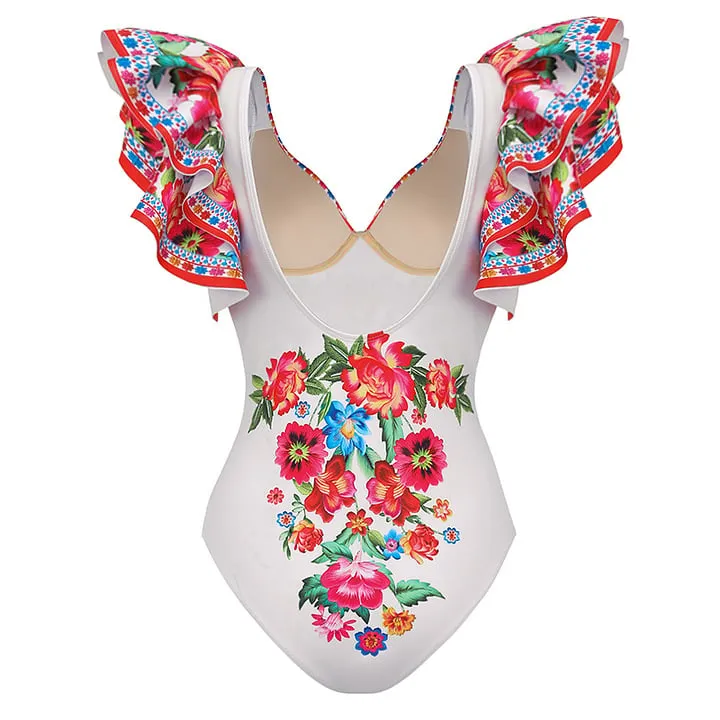 Floral printed ruffled one-piece And Sarong Swimsuit Set - As shown / S
