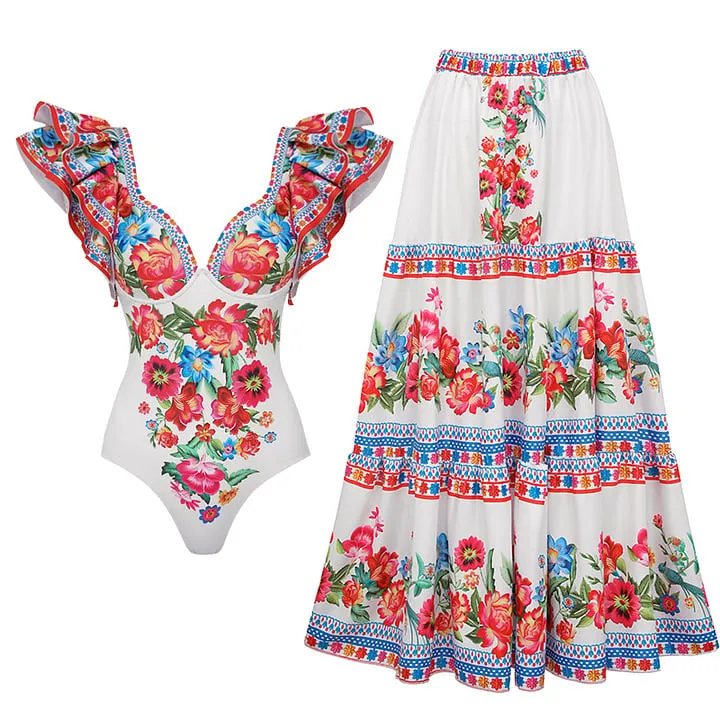 Floral printed ruffled one-piece And Sarong Swimsuit Set - As shown / S