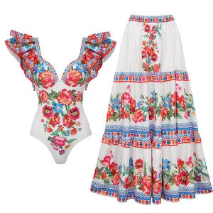 Floral printed ruffled one-piece And Sarong Swimsuit Set - As shown / S