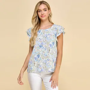 Floral Printed Top with Double Ruffled Short Sleeves