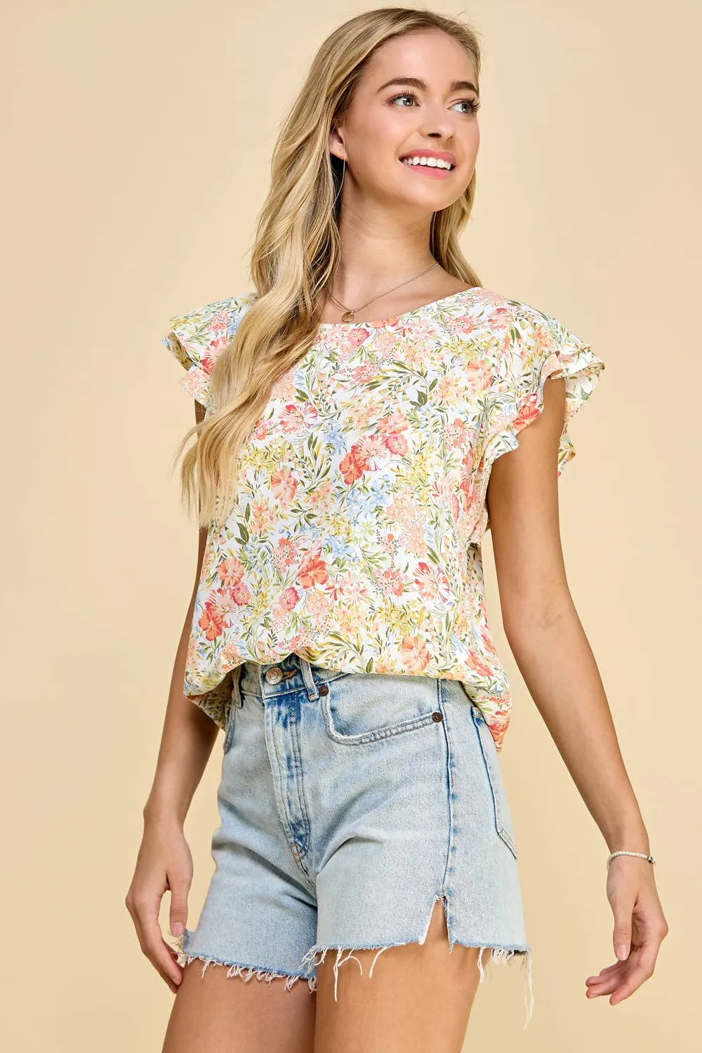 Floral Printed Top with Double Ruffled Short Sleeves