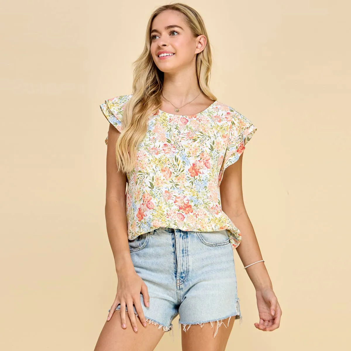 Floral Printed Top with Double Ruffled Short Sleeves