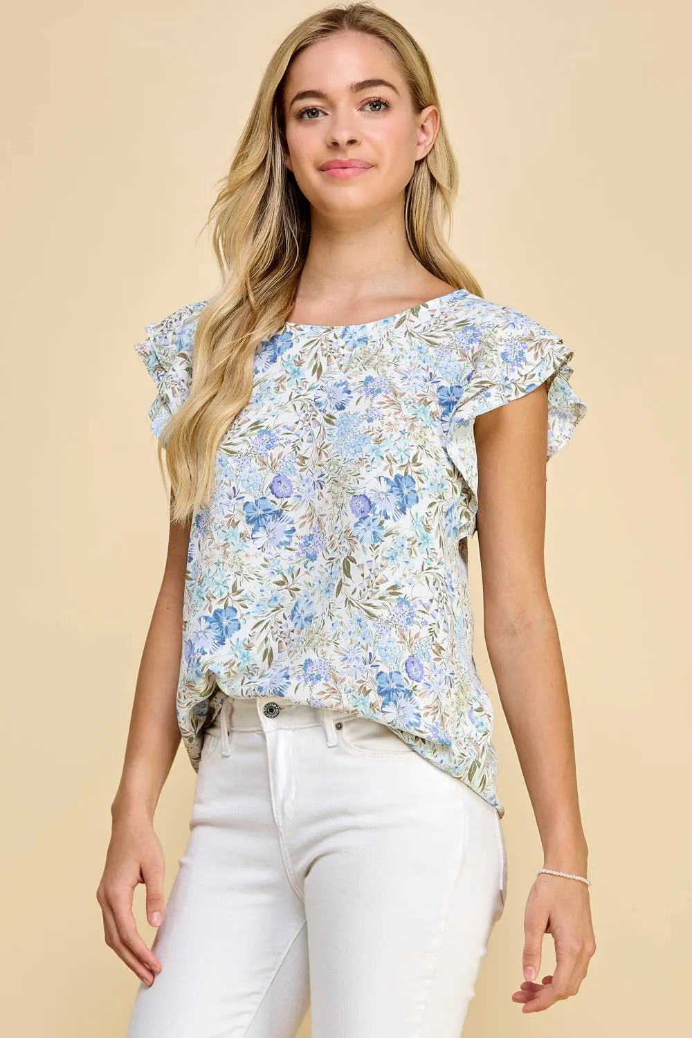 Floral Printed Top with Double Ruffled Short Sleeves
