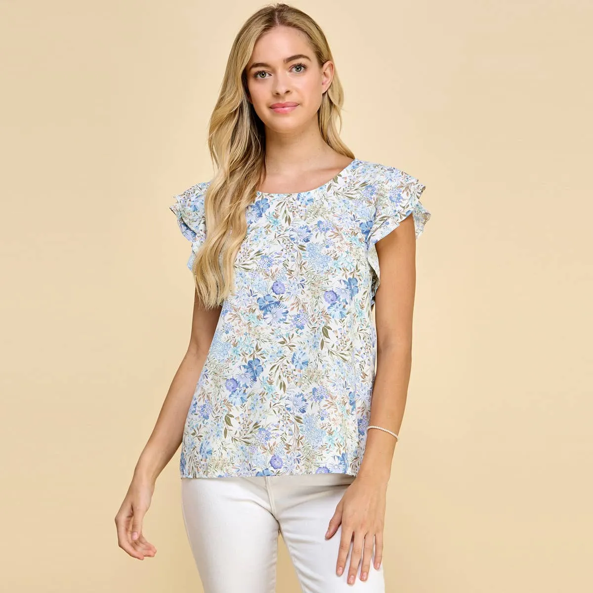 Floral Printed Top with Double Ruffled Short Sleeves