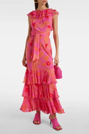 Floral Ruffled Silk Maxi Dress