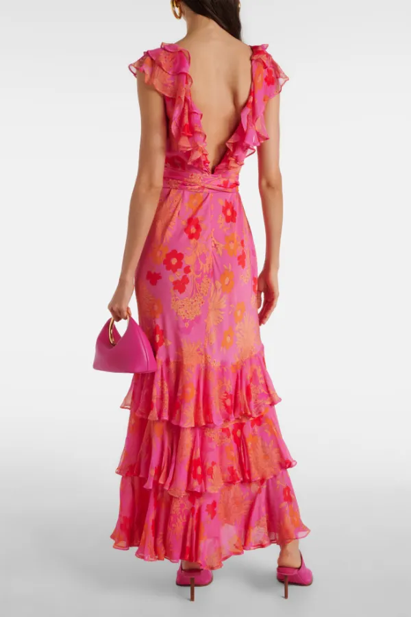 Floral Ruffled Silk Maxi Dress