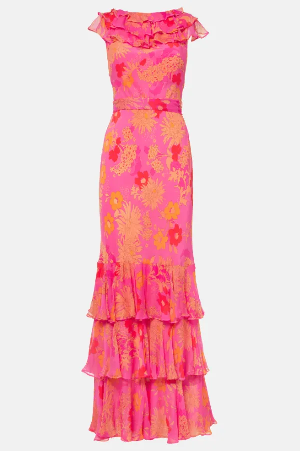 Floral Ruffled Silk Maxi Dress
