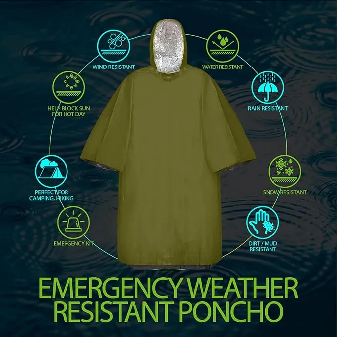 FosPower Emergency Rain Poncho [4 Pack] [Retains 90% Body Heat] Reusable Weather Resistant Raincoat for Men, Women, Adults, Camping, Hiking, Emergency Supplies & Survival Kits (Green   Orange)
