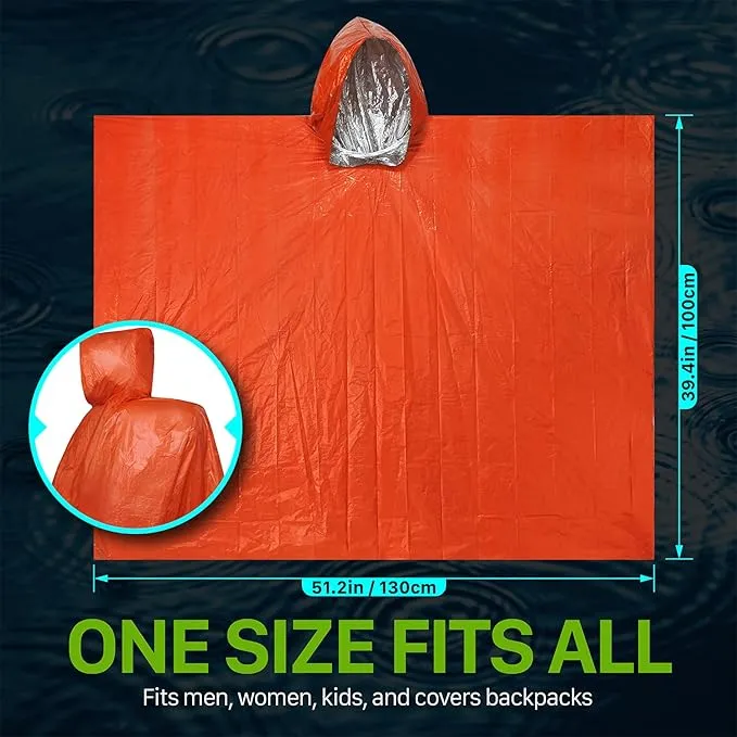 FosPower Emergency Rain Poncho [4 Pack] [Retains 90% Body Heat] Reusable Weather Resistant Raincoat for Men, Women, Adults, Camping, Hiking, Emergency Supplies & Survival Kits (Green   Orange)