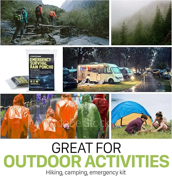 FosPower Emergency Rain Poncho [4 Pack] [Retains 90% Body Heat] Reusable Weather Resistant Raincoat for Men, Women, Adults, Camping, Hiking, Emergency Supplies & Survival Kits (Green   Orange)