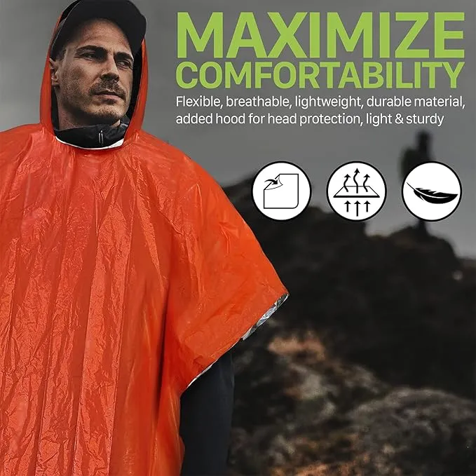 FosPower Emergency Rain Poncho [4 Pack] [Retains 90% Body Heat] Reusable Weather Resistant Raincoat for Men, Women, Adults, Camping, Hiking, Emergency Supplies & Survival Kits (Green   Orange)