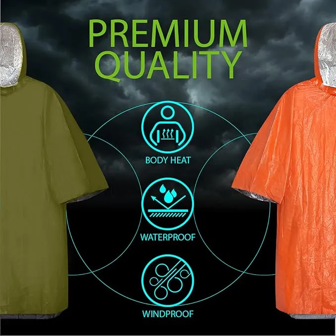FosPower Emergency Rain Poncho [4 Pack] [Retains 90% Body Heat] Reusable Weather Resistant Raincoat for Men, Women, Adults, Camping, Hiking, Emergency Supplies & Survival Kits (Green   Orange)
