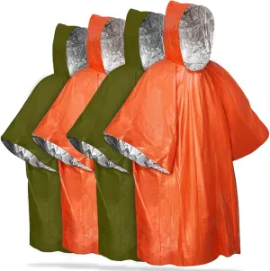 FosPower Emergency Rain Poncho [4 Pack] [Retains 90% Body Heat] Reusable Weather Resistant Raincoat for Men, Women, Adults, Camping, Hiking, Emergency Supplies & Survival Kits (Green   Orange)