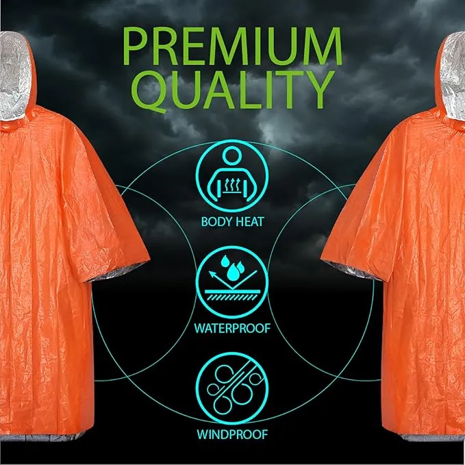 FosPower Emergency Rain Poncho [4 Pack] [Retains 90% Body Heat] Reusable Weather Resistant Raincoat for Men, Women, Adults, Camping, Hiking, Emergency Supplies & Survival Kits (Orange)