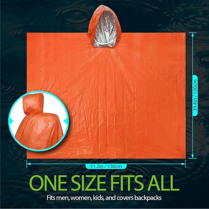 FosPower Emergency Rain Poncho [4 Pack] [Retains 90% Body Heat] Reusable Weather Resistant Raincoat for Men, Women, Adults, Camping, Hiking, Emergency Supplies & Survival Kits (Orange)
