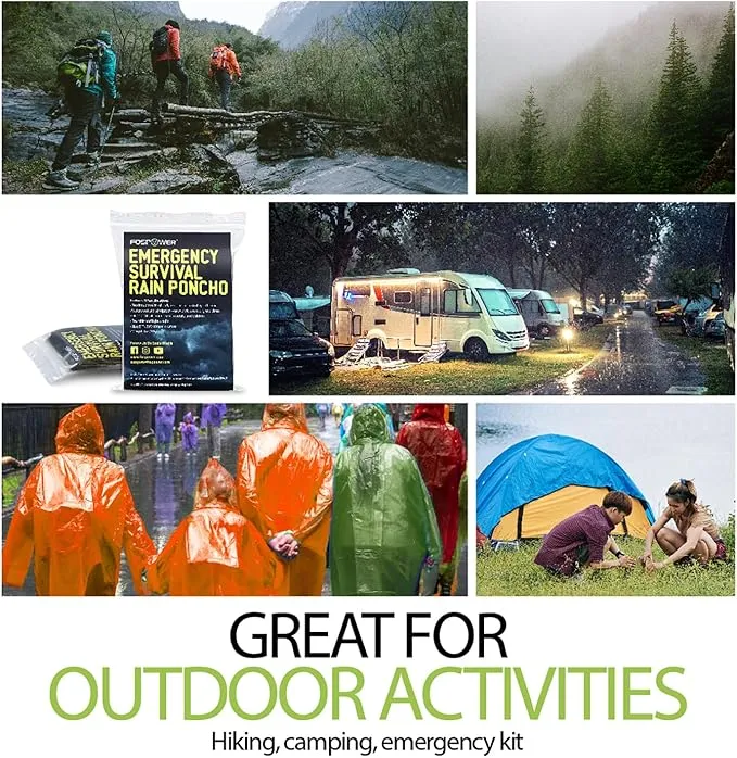 FosPower Emergency Rain Poncho [4 Pack] [Retains 90% Body Heat] Reusable Weather Resistant Raincoat for Men, Women, Adults, Camping, Hiking, Emergency Supplies & Survival Kits (Orange)