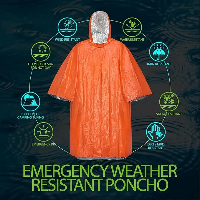 FosPower Emergency Rain Poncho [4 Pack] [Retains 90% Body Heat] Reusable Weather Resistant Raincoat for Men, Women, Adults, Camping, Hiking, Emergency Supplies & Survival Kits (Orange)