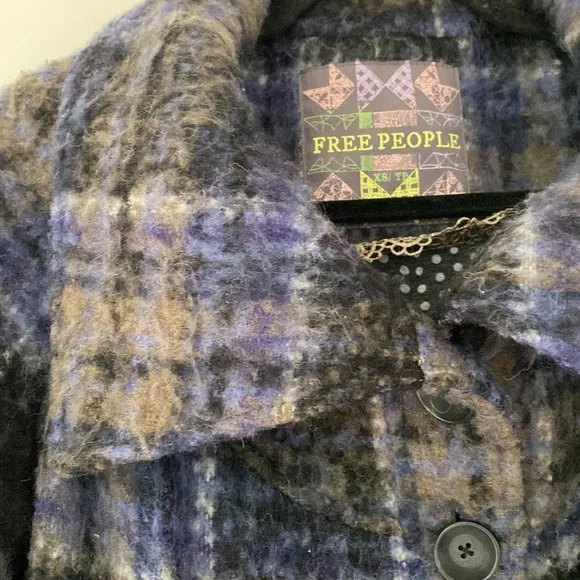 Free People Bonjour Plaid Wool Coat Tartan Jacket Blue Black Woolen Bohemian XS