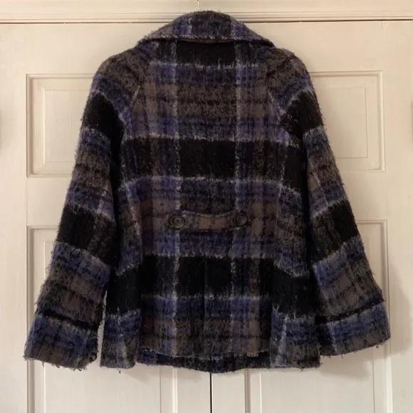 Free People Bonjour Plaid Wool Coat Tartan Jacket Blue Black Woolen Bohemian XS