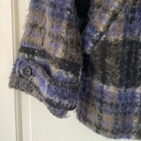 Free People Bonjour Plaid Wool Coat Tartan Jacket Blue Black Woolen Bohemian XS