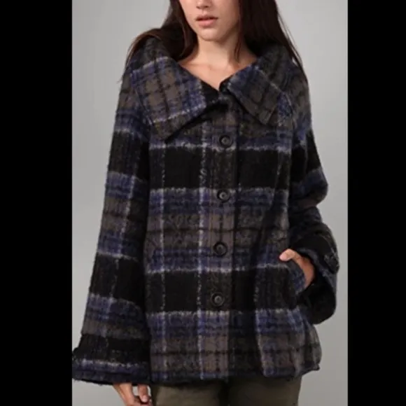 Free People Bonjour Plaid Wool Coat Tartan Jacket Blue Black Woolen Bohemian XS