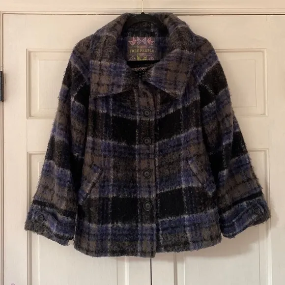 Free People Bonjour Plaid Wool Coat Tartan Jacket Blue Black Woolen Bohemian XS