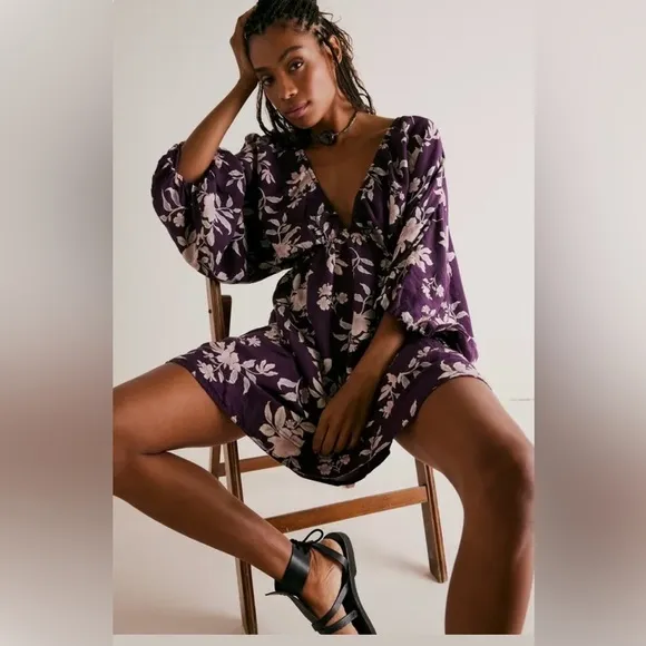 Free People Portia Linen Mini Dress in BlackBerry Womens Size Small NEW