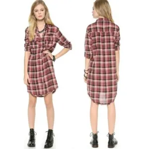 Free People Womens Red Black White Plaid Collared Blouse Shirt Dress Size M