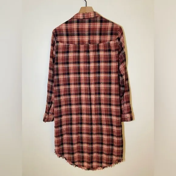 Free People Womens Red Black White Plaid Collared Blouse Shirt Dress Size M