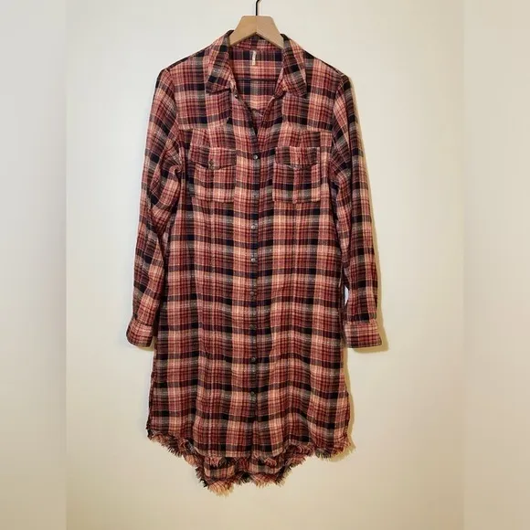 Free People Womens Red Black White Plaid Collared Blouse Shirt Dress Size M