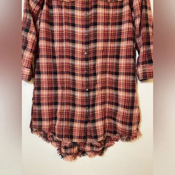 Free People Womens Red Black White Plaid Collared Blouse Shirt Dress Size M