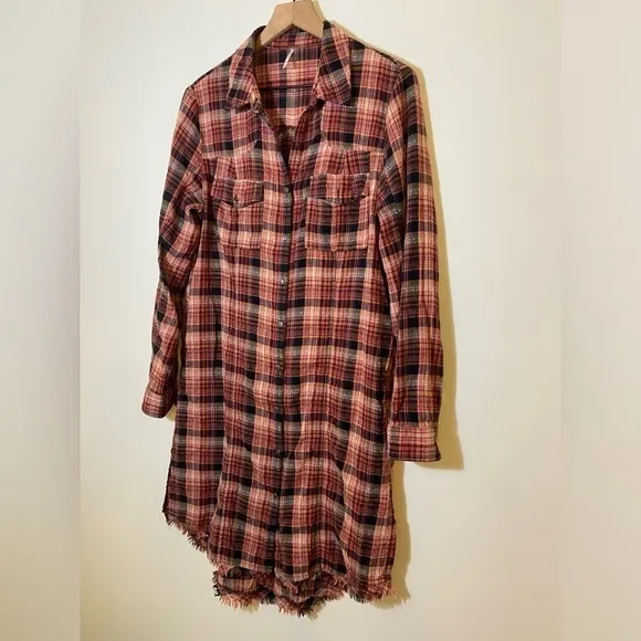Free People Womens Red Black White Plaid Collared Blouse Shirt Dress Size M