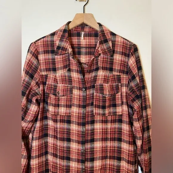 Free People Womens Red Black White Plaid Collared Blouse Shirt Dress Size M