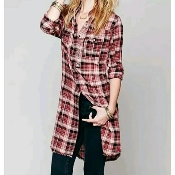 Free People Womens Red Black White Plaid Collared Blouse Shirt Dress Size M