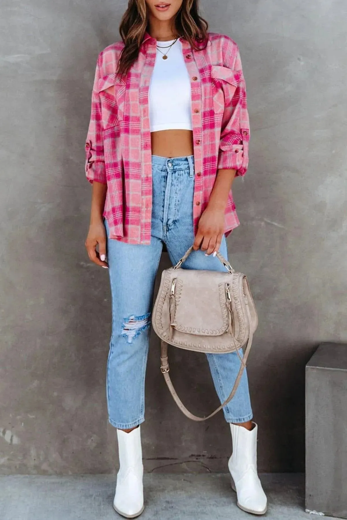 French Style Plaid Button Up Shirt Pink