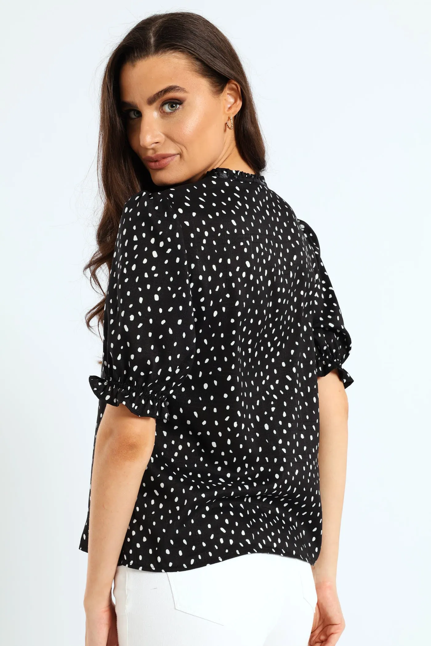Frill V-Neck Puff Sleeve Blouse - Black/Cream