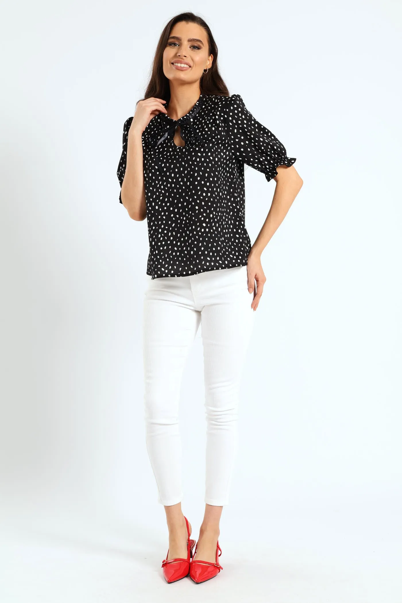 Frill V-Neck Puff Sleeve Blouse - Black/Cream